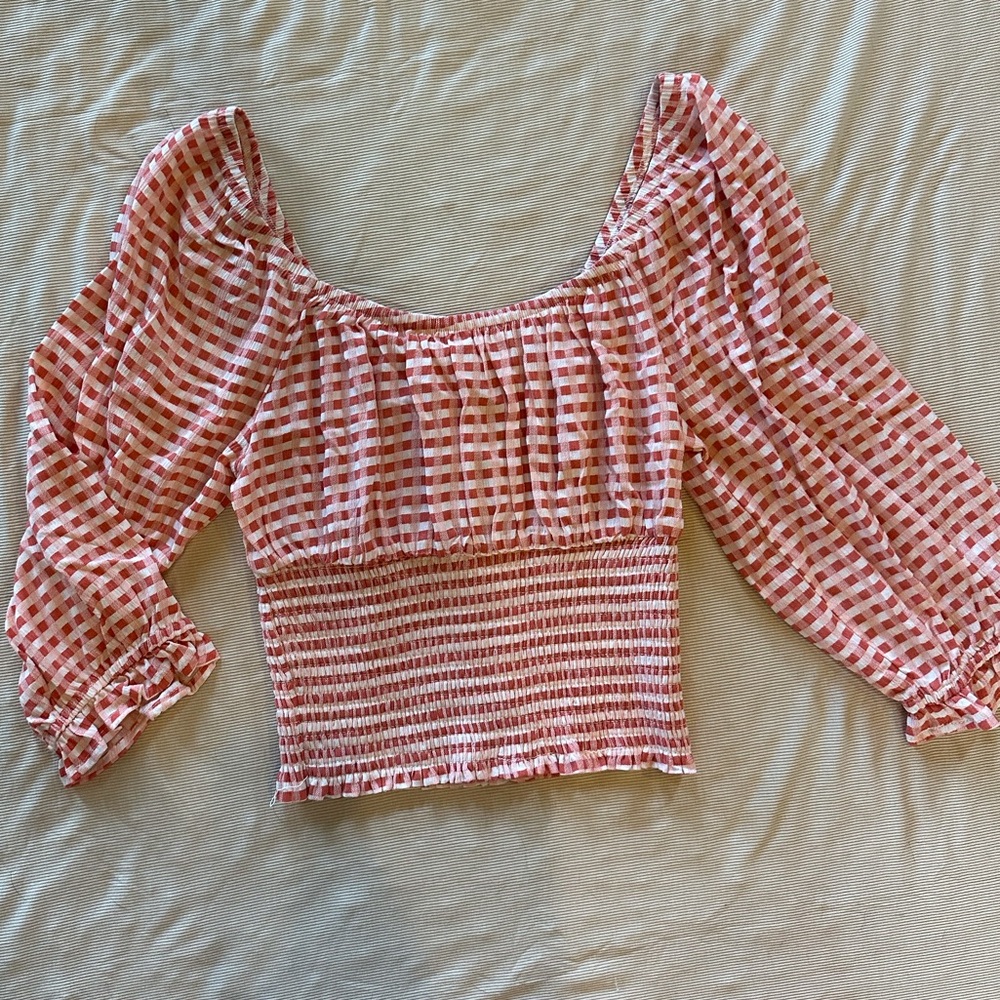 Smocked Gingham Off-Shoulder Top
